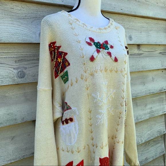 Vintage 90s White Patchwork Appliqué Long Sleeve Crewneck Ugly Christmas Sweater - Picture 4 of 16